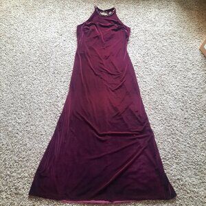 VTG Y2K Open Back Dress Burgundy Velvet Beaded Maxi Gown Reggio Size 14 Prom